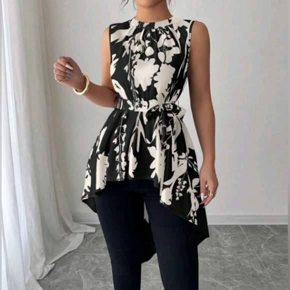 Women's Floral Retro Print Self-Tie Waist Asymmetrical Hem Short Sleeve Blouse - Picture 5 of 5